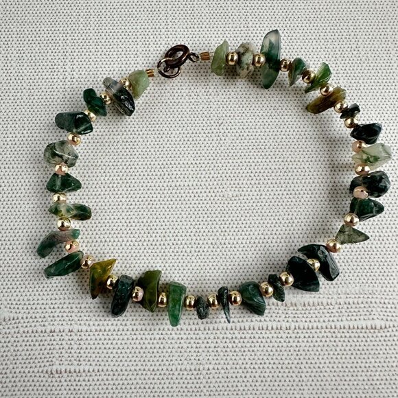 Moss Agate Gemstone Bracelet 8" With Gold-Tone Beads & Spring Ring Clasp - Picture 1 of 9